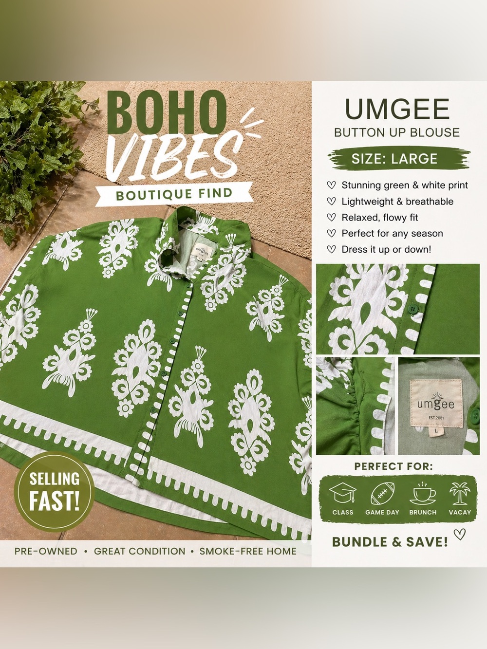 Umgee Green & White Floral Button-Up Top